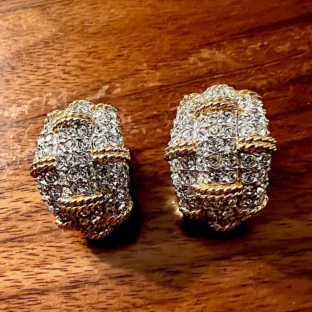 SWAROVSKI PAVE AND GOLD CLIP ON EARRINGS - SIGNED